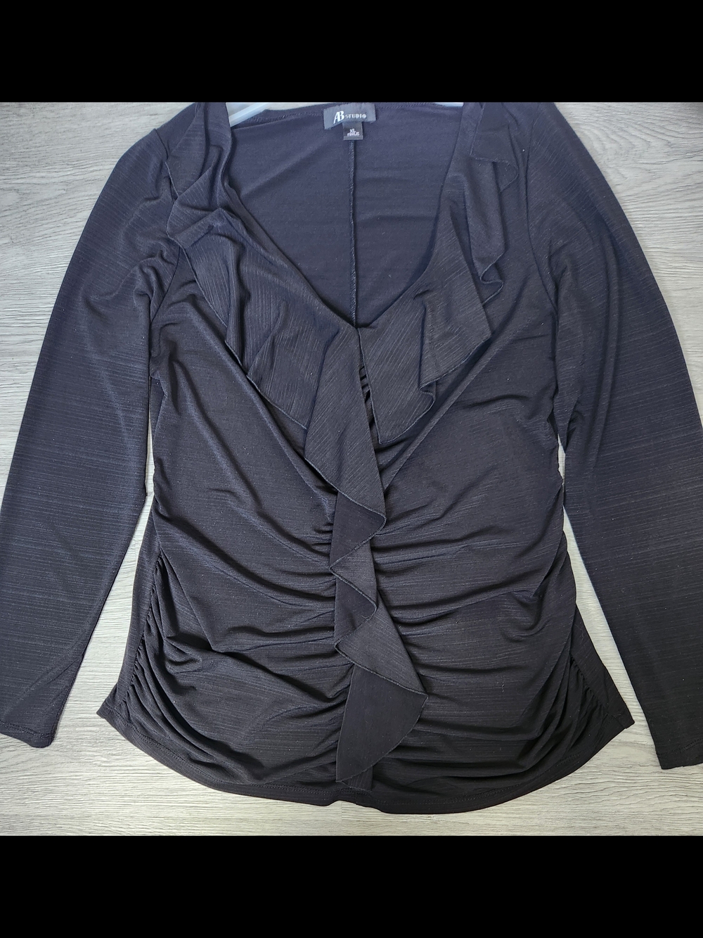 AB Studio Black Ruffle V-Neck Long Sleeve Top